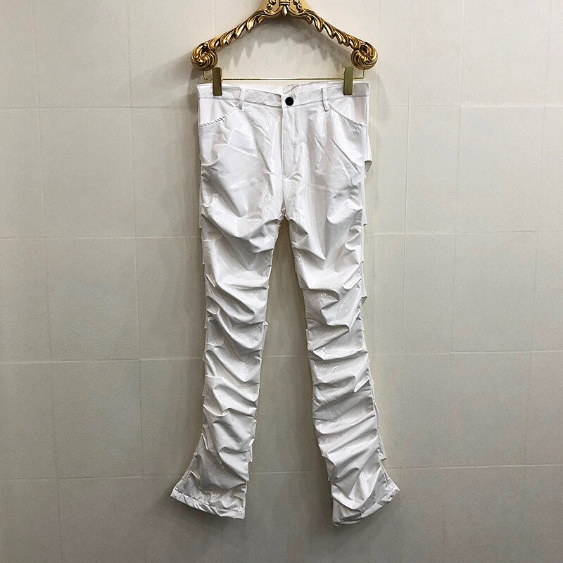 Mirror Fit Pleated Flare Leather Pants For Men And Women - White / S