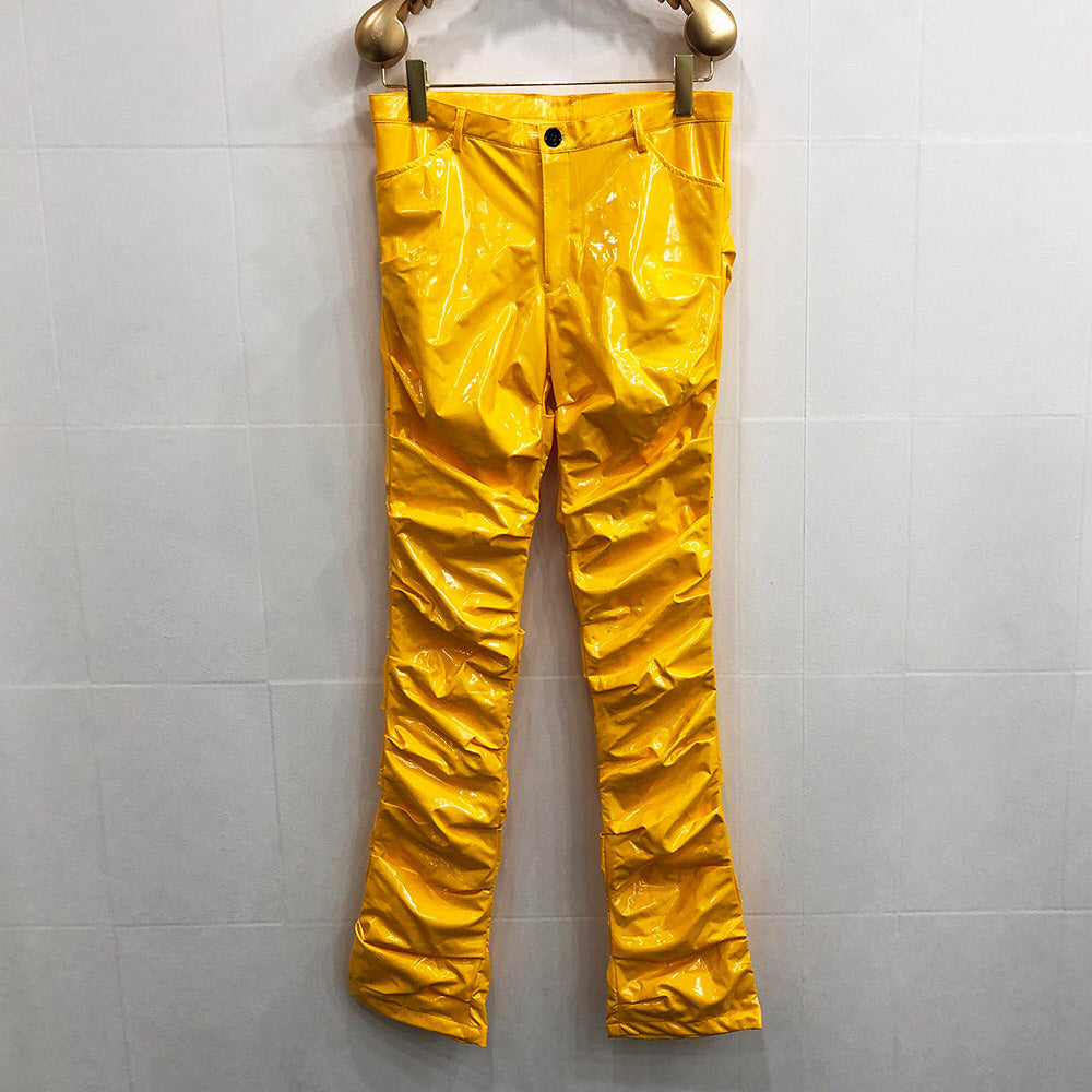 Mirror Fit Pleated Flare Leather Pants For Men And Women - Yellow / S