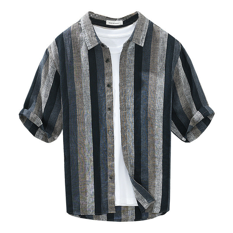 Summer Vintage Yarn-dyed Linen Five-point Sleeve Men’s Contrasting Color Stripes Casual Lapel Large Size Cotton Hemp
