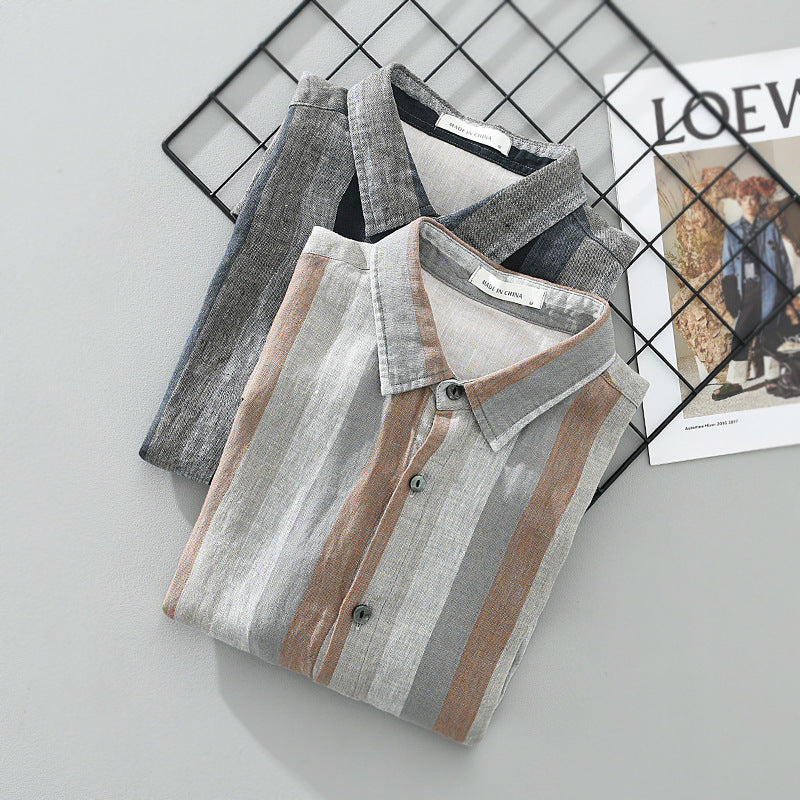 Summer Vintage Yarn-dyed Linen Five-point Sleeve Men’s Contrasting Color Stripes Casual Lapel Large Size Cotton Hemp