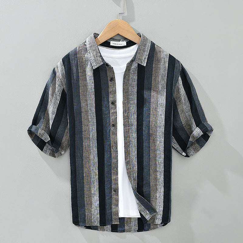 Summer Vintage Yarn-dyed Linen Five-point Sleeve Men’s Contrasting Color Stripes Casual Lapel Large Size Cotton Hemp