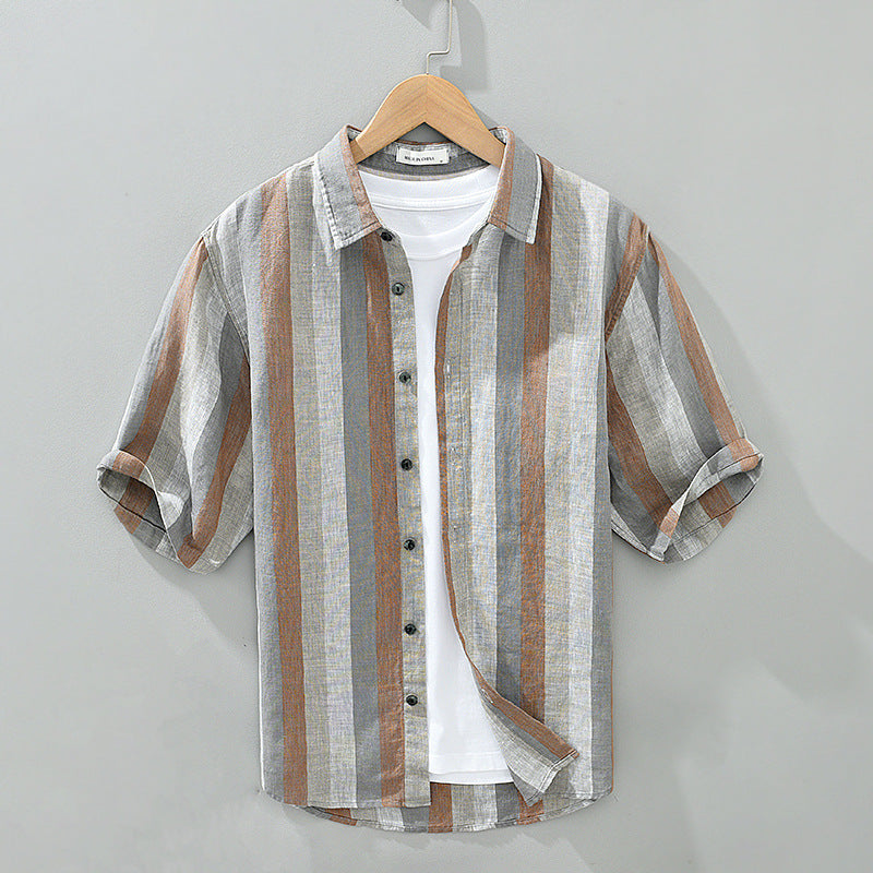 Summer Vintage Yarn-dyed Linen Five-point Sleeve Men’s Contrasting Color Stripes Casual Lapel Large Size Cotton Hemp