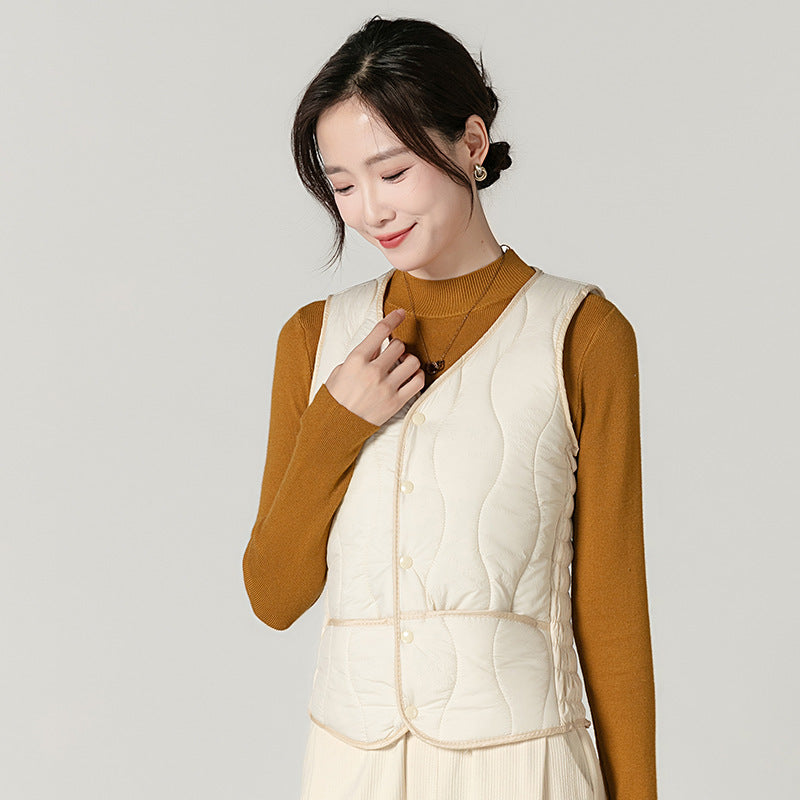 Fashion Fleece Lined Padded Warm Keeping Slim Women Vest - Beige / M