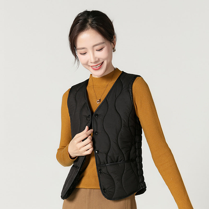 Fashion Fleece Lined Padded Warm Keeping Slim Women Vest - Black / M
