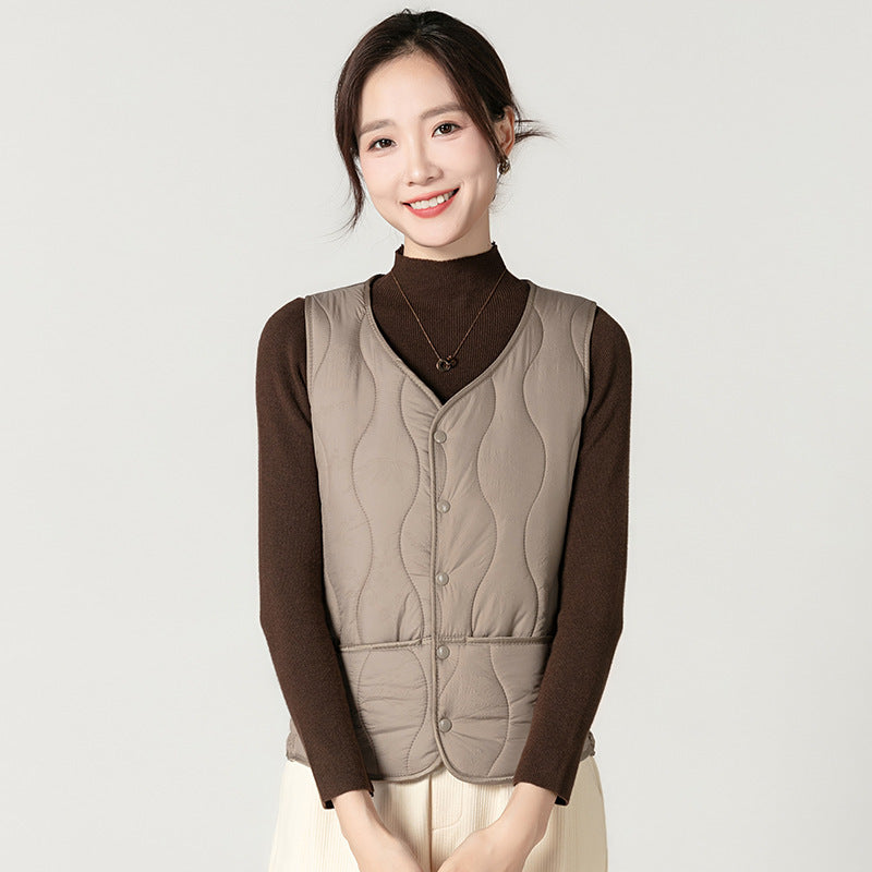 Fashion Fleece Lined Padded Warm Keeping Slim Women Vest - Khaki / M