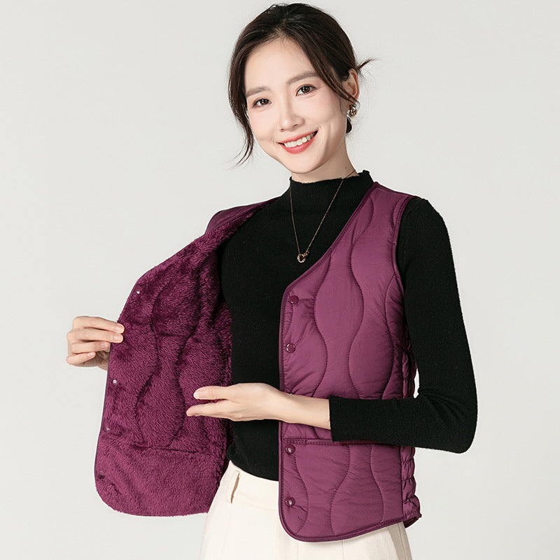 Fashion Fleece Lined Padded Warm Keeping Slim Women Vest - Purplish Red / M