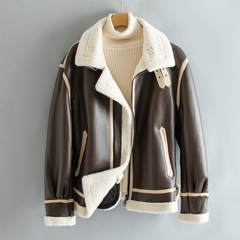 Fleece-lined Thickened Lapel Jacket - Brown / M