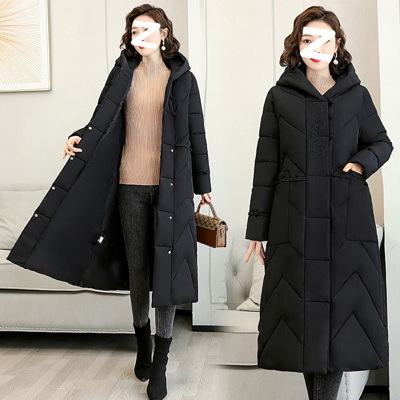 Plus Size Overknee Long Warm Hooded Cotton Jacket - Black / M