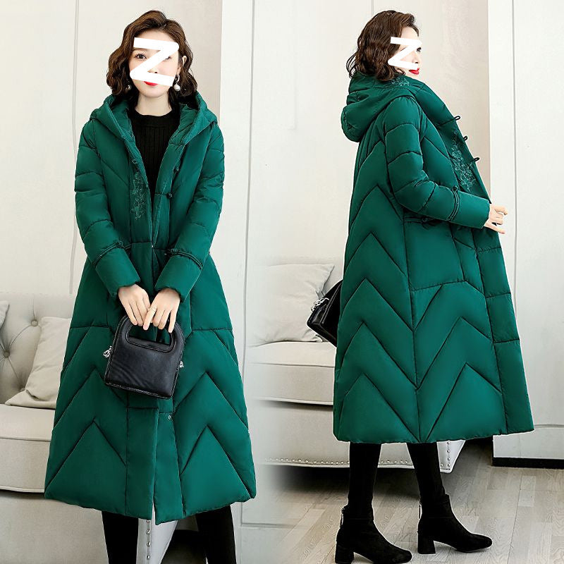 Plus Size Overknee Long Warm Hooded Cotton Jacket - Green / M