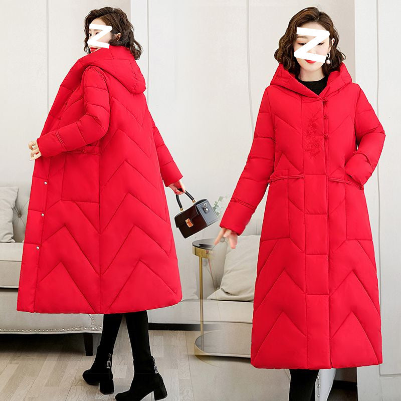 Plus Size Overknee Long Warm Hooded Cotton Jacket - Red / M