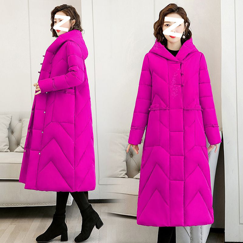 Plus Size Overknee Long Warm Hooded Cotton Jacket - Rose Red / M