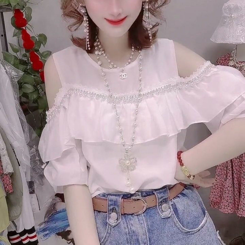 Off-the-shoulder Top Women’s Western Style Small Shirt Temperament Half Sleeve - White / L