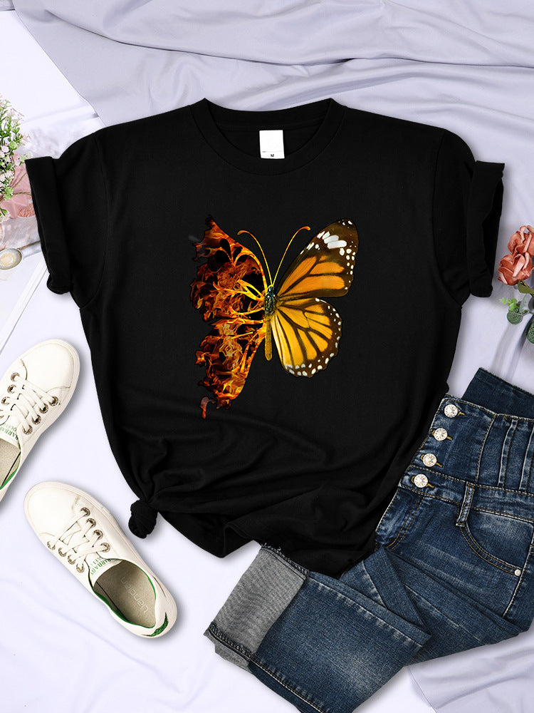 Butterfly Wings Pattern Fashion Short Sleeve Women - Black / S