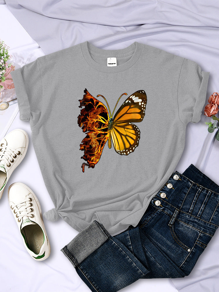 Butterfly Wings Pattern Fashion Short Sleeve Women - Gray / S