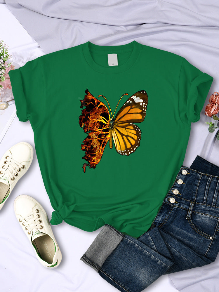 Butterfly Wings Pattern Fashion Short Sleeve Women - Green / S