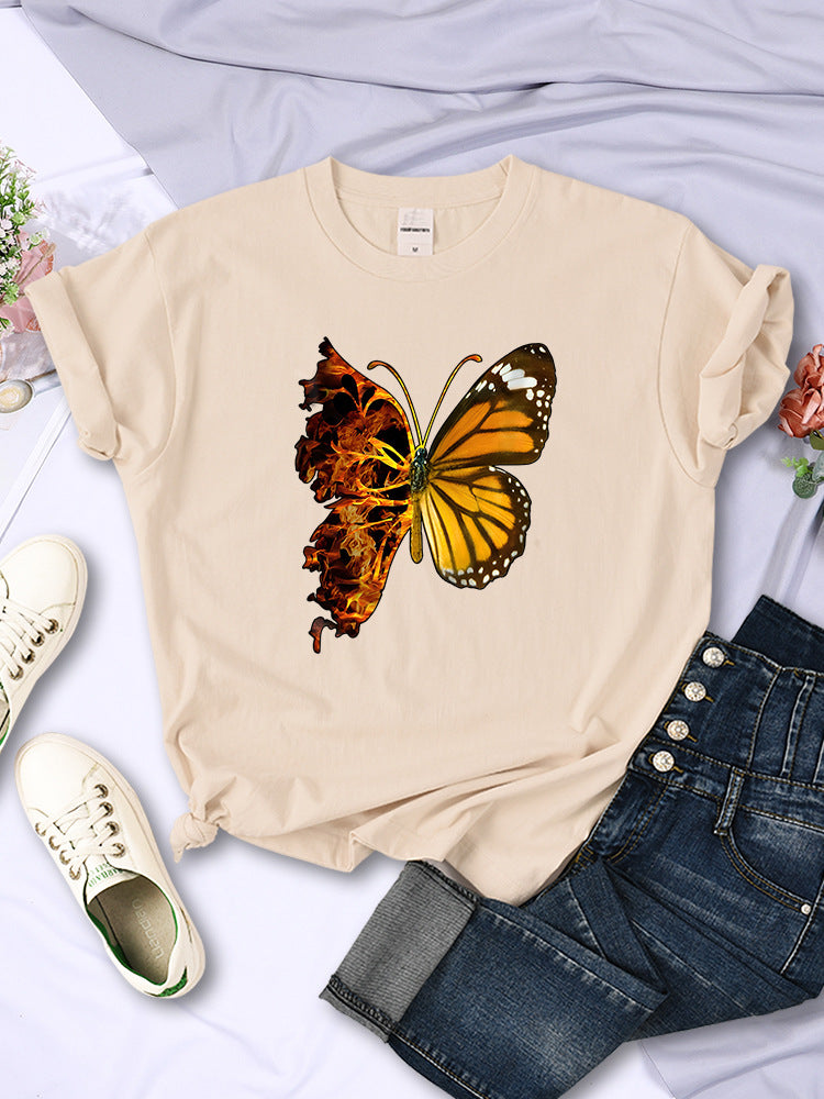 Butterfly Wings Pattern Fashion Short Sleeve Women - Khaki / S