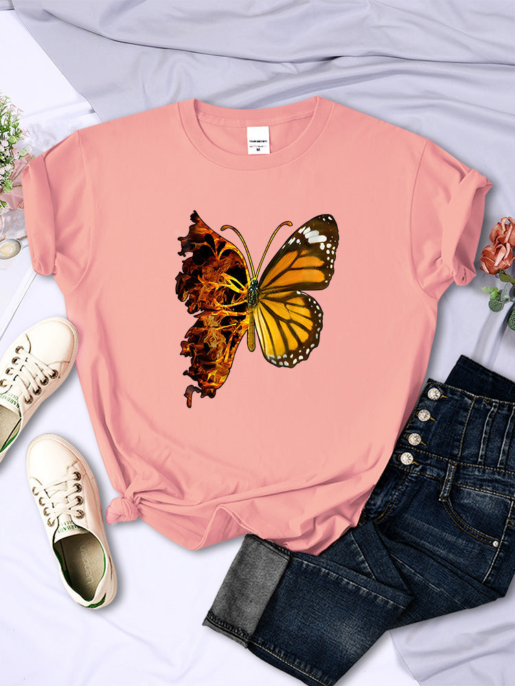 Butterfly Wings Pattern Fashion Short Sleeve Women - Pink / S