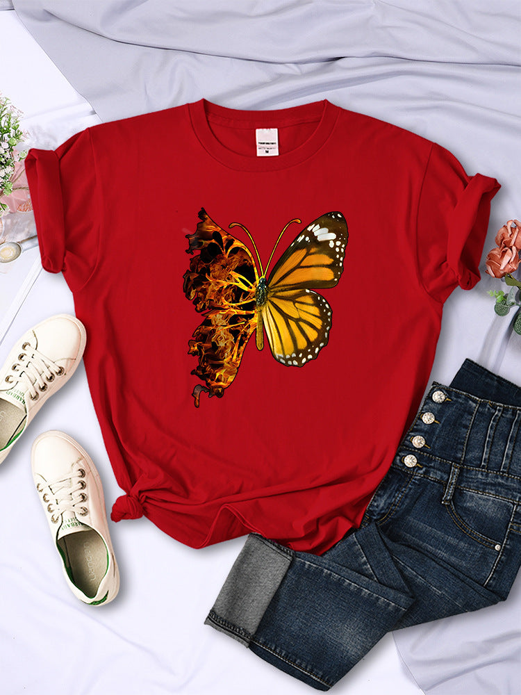 Butterfly Wings Pattern Fashion Short Sleeve Women - Red / S