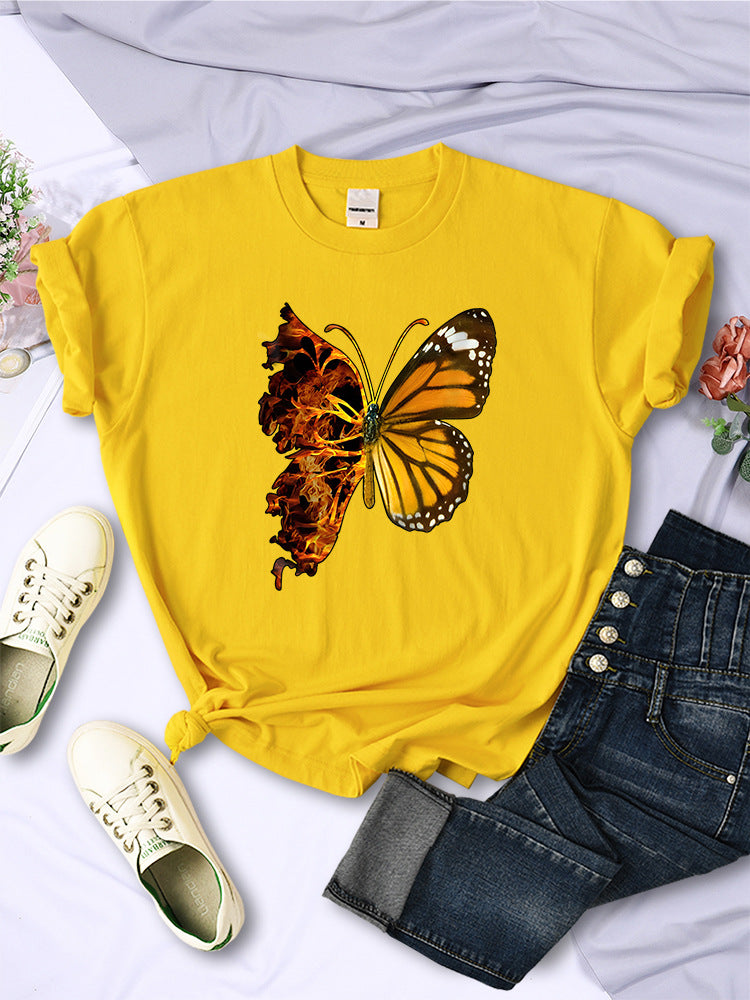Butterfly Wings Pattern Fashion Short Sleeve Women - Yellow / S