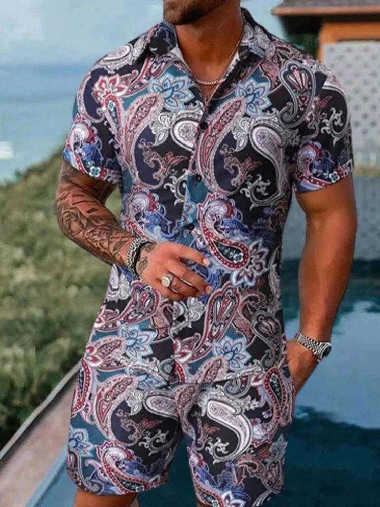 Men’s New Polo Collar 3D Printed Casual Slim Fit Shirt Shorts Suit - 10style / S