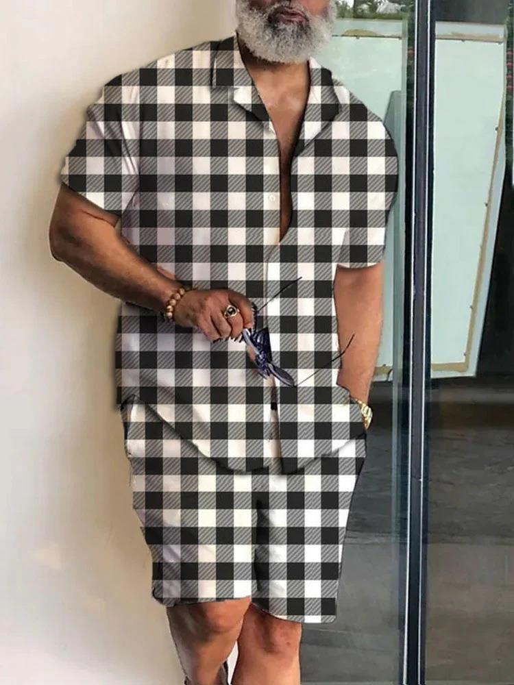 Men’s New Polo Collar 3D Printed Casual Slim Fit Shirt Shorts Suit - 12style / S