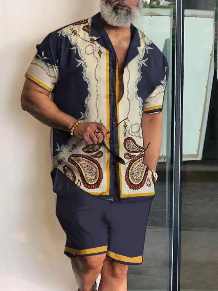 Men’s New Polo Collar 3D Printed Casual Slim Fit Shirt Shorts Suit
