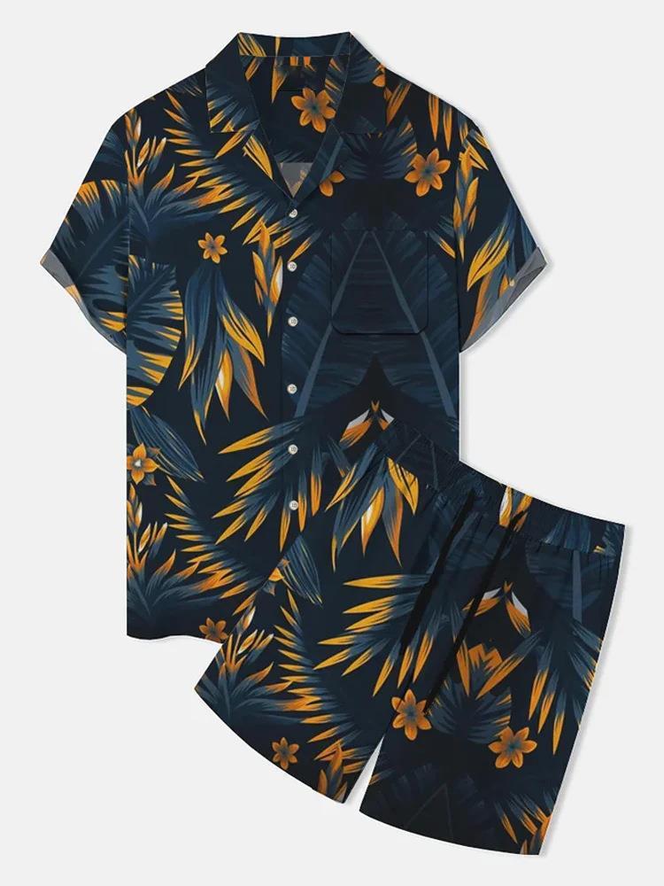 Men’s New Polo Collar 3D Printed Casual Slim Fit Shirt Shorts Suit - 13style / S