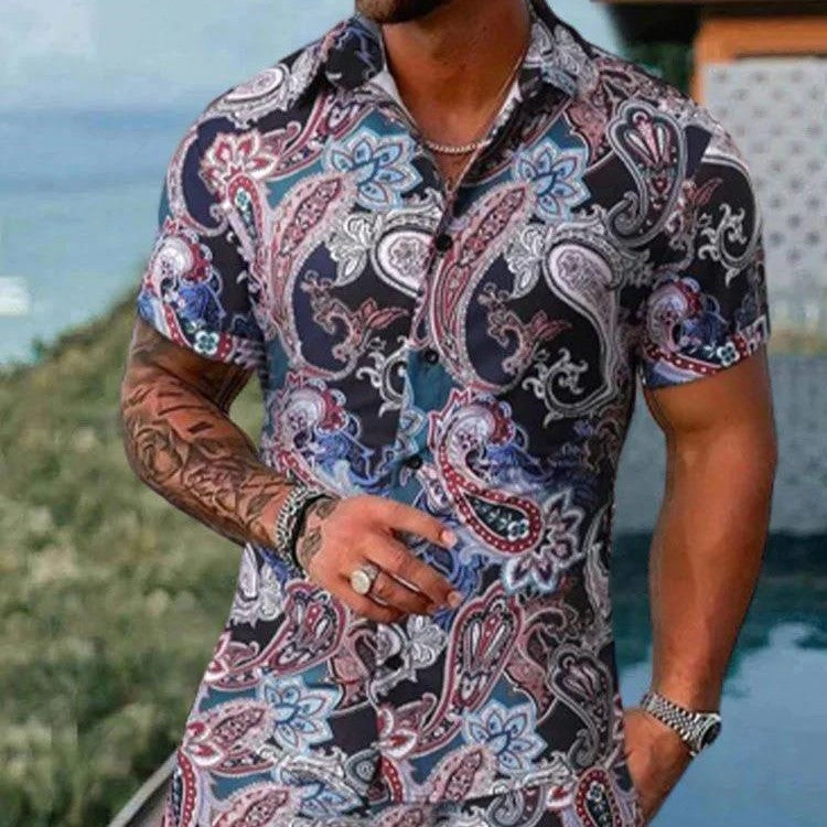 Men’s New Polo Collar 3D Printed Casual Slim Fit Shirt Shorts Suit