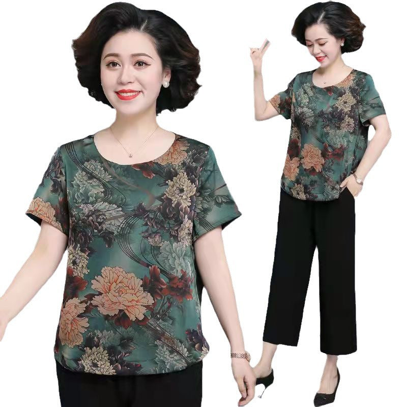 Mom Wear Western Style Suit Ice Silk Top Western Style Small Blouse Short Sleeve