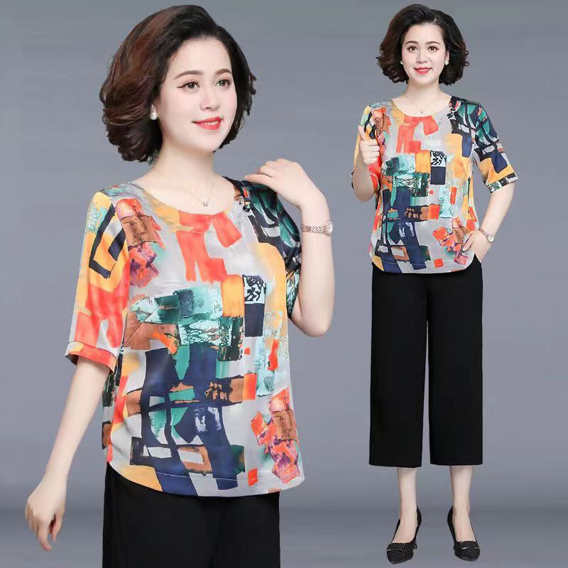 Mom Wear Western Style Suit Ice Silk Top Western Style Small Blouse Short Sleeve
