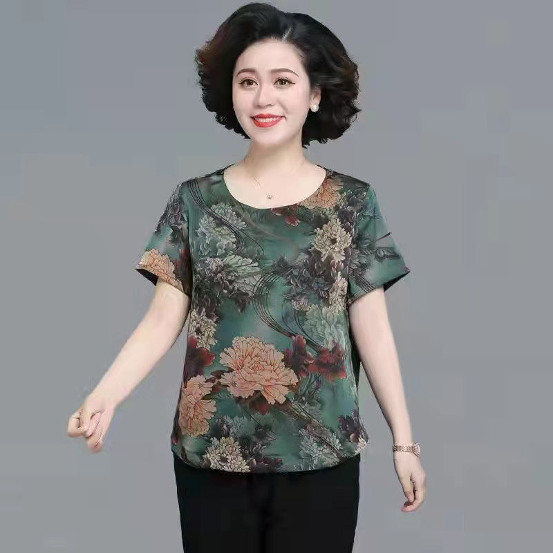 Mom Wear Western Style Suit Ice Silk Top Western Style Small Blouse Short Sleeve - Green Bottom Flower Top / M