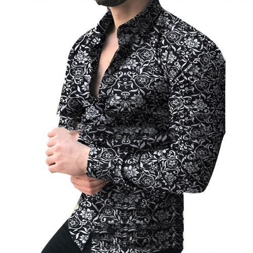 Fashion Lapel Autumn And Winter Printing Long-sleeved Casual Flower Shirt Plus Size Top - Black / M