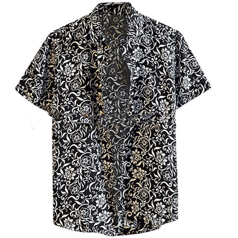 Fashion Lapel Autumn And Winter Printing Long-sleeved Casual Flower Shirt Plus Size Top - Black short sleeve / M