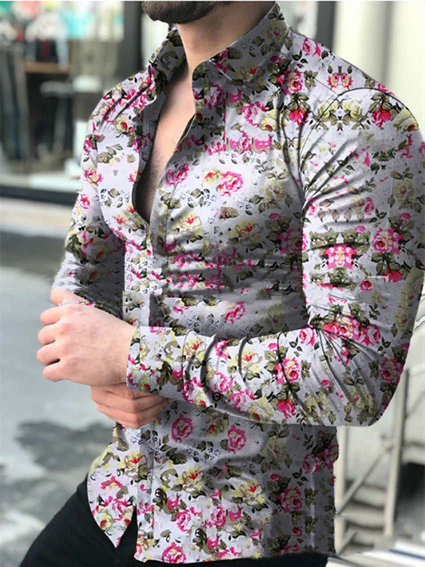 Fashion Lapel Autumn And Winter Printing Long-sleeved Casual Flower Shirt Plus Size Top - Creamy white / M