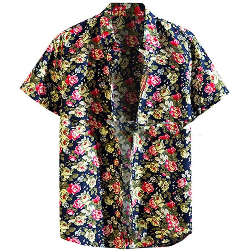 Fashion Lapel Autumn And Winter Printing Long-sleeved Casual Flower Shirt Plus Size Top - Dark blue short sleeve / M