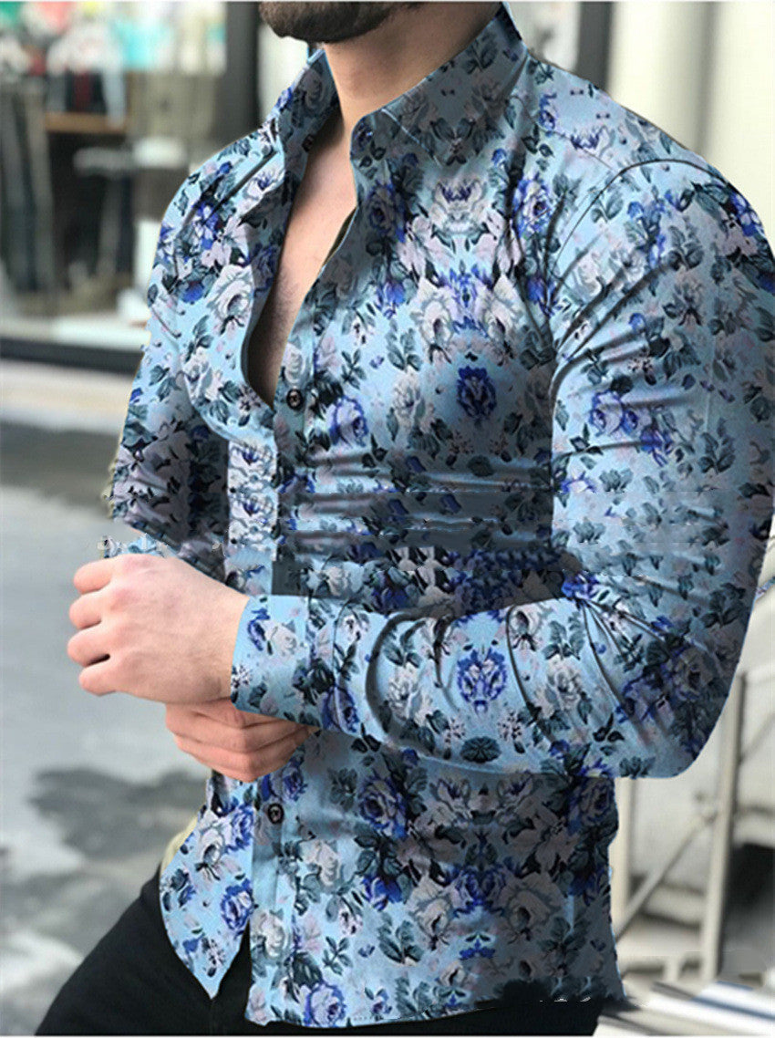 Fashion Lapel Autumn And Winter Printing Long-sleeved Casual Flower Shirt Plus Size Top - Lake Blue / M