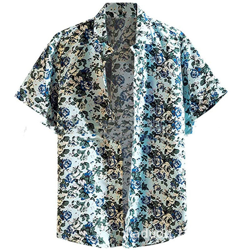 Fashion Lapel Autumn And Winter Printing Long-sleeved Casual Flower Shirt Plus Size Top - Lake Blue Short Sleeve / M