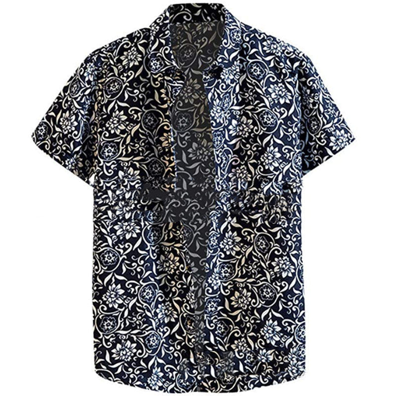 Fashion Lapel Autumn And Winter Printing Long-sleeved Casual Flower Shirt Plus Size Top - Navy short sleeve / M