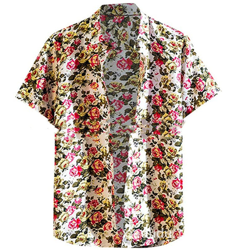 Fashion Lapel Autumn And Winter Printing Long-sleeved Casual Flower Shirt Plus Size Top - Off white short sleeve / M