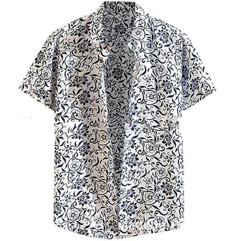 Fashion Lapel Autumn And Winter Printing Long-sleeved Casual Flower Shirt Plus Size Top - White short sleeve / M