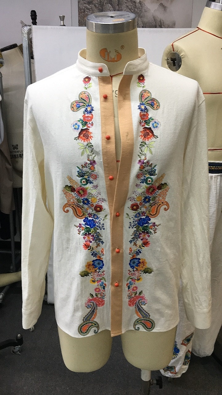 Retro Men’s Casual Tops Open Collar Embroidered Shirt