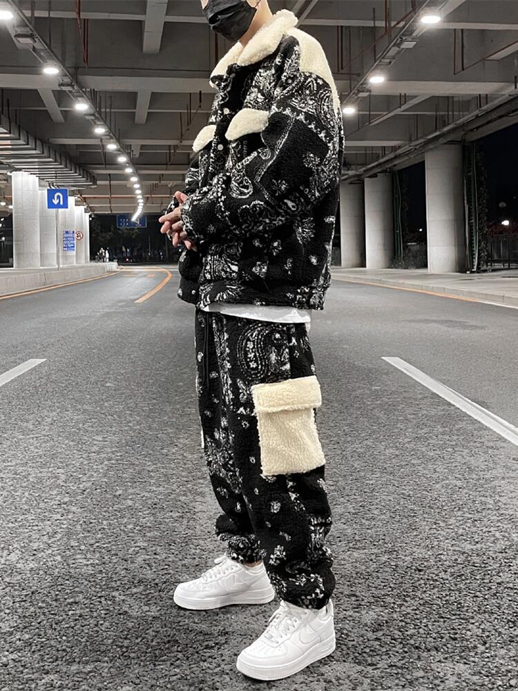 Lamb Fleece Pocket Casual Pants Drawstring Loose Men’s Trousers