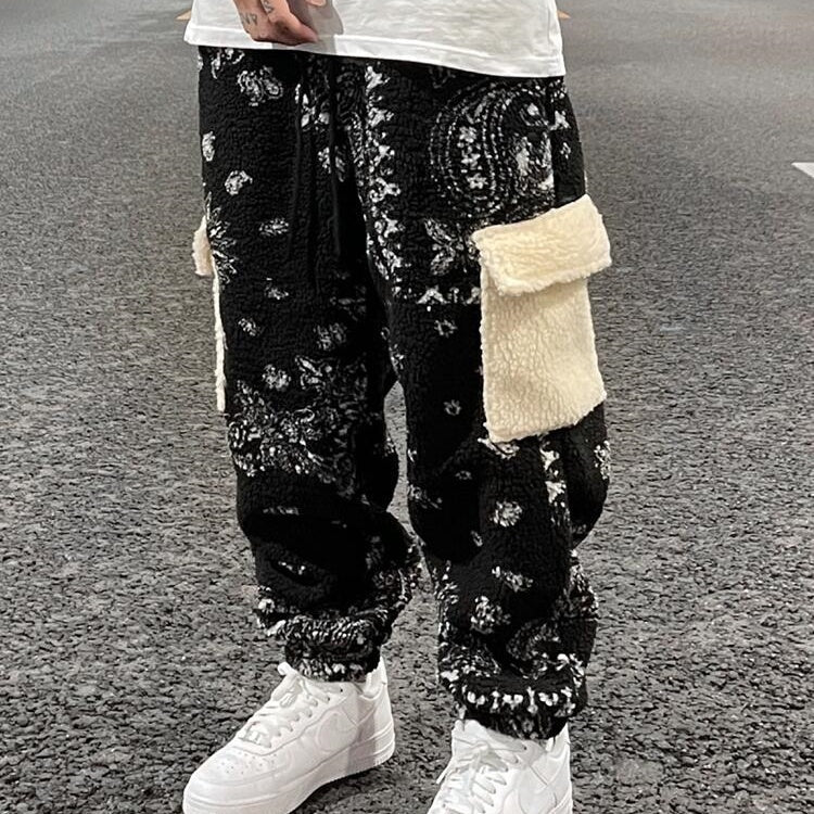 Lamb Fleece Pocket Casual Pants Drawstring Loose Men’s Trousers