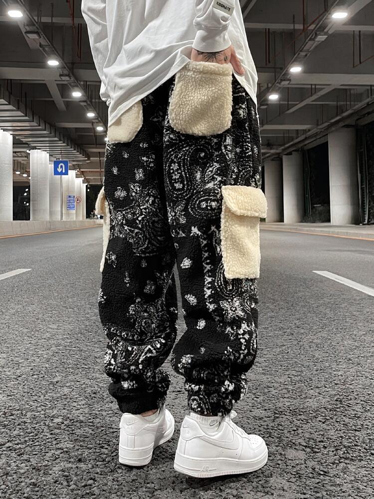 Lamb Fleece Pocket Casual Pants Drawstring Loose Men’s Trousers