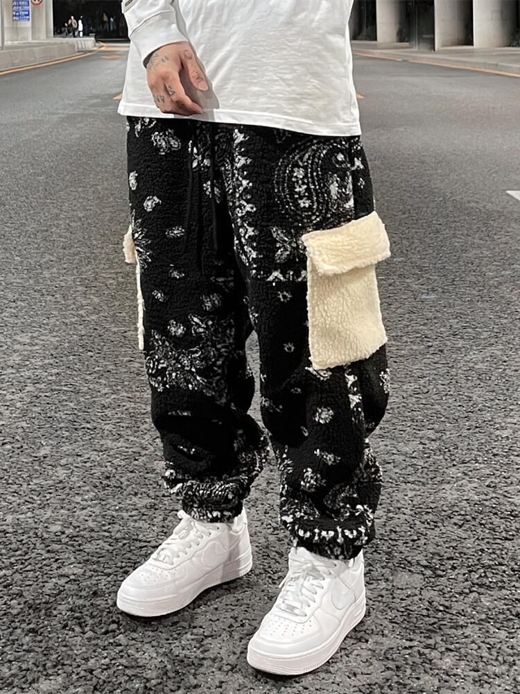 Lamb Fleece Pocket Casual Pants Drawstring Loose Men’s Trousers