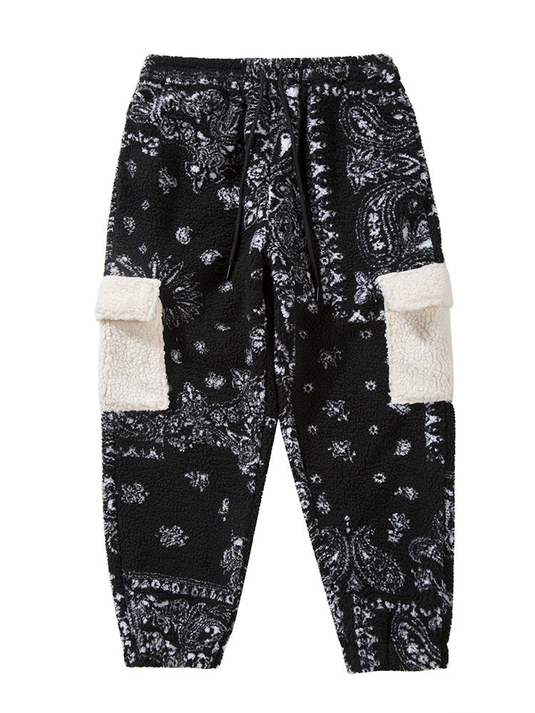 Lamb Fleece Pocket Casual Pants Drawstring Loose Men’s Trousers - Black White / M