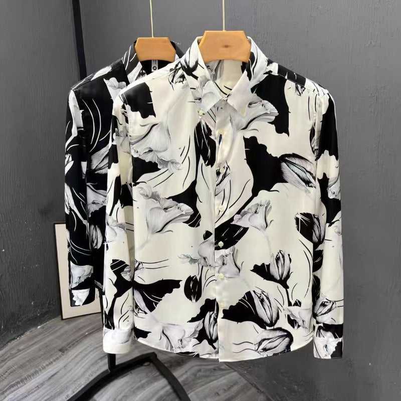 Men’s Floral Pattern Slim Fit Print Long Sleeve Shirt - White / M
