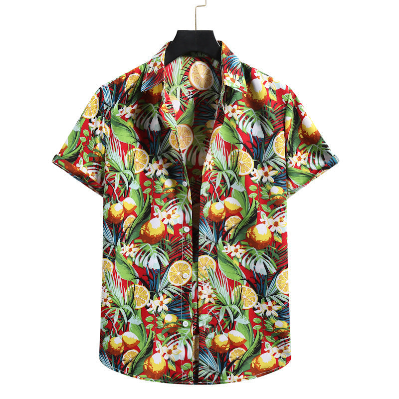 Men’s Shirt Hawaiian Lapel Short Sleeves - Wine Red / S