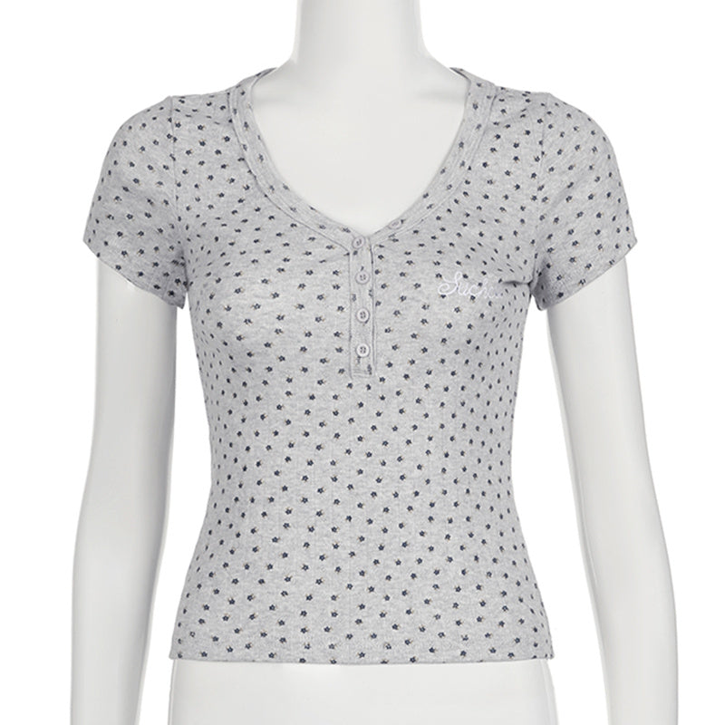 Floral Letter Embroidered Breasted Sunken Stripe V-neck Short Sleeve - Gray / S