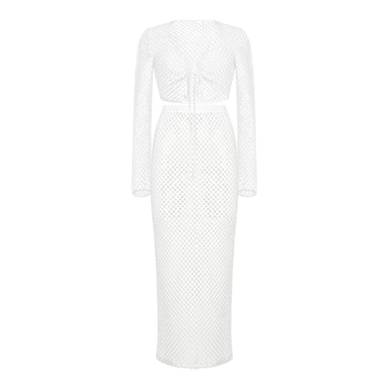 Lace Mesh Long Sleeve Narrow Casual Knitted Maxi Dress Suit - White / S